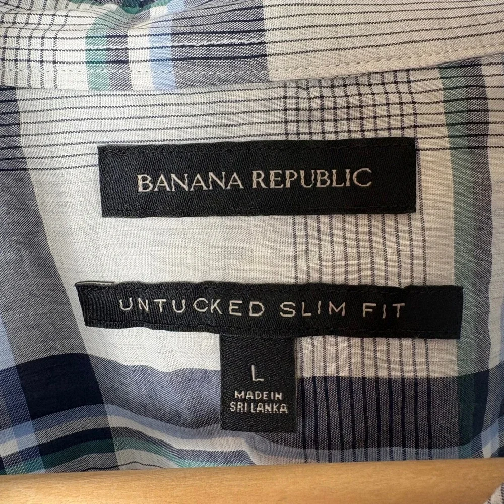 Banana Republic Men's‎ L Button-Down Shirt Blue Plaid Untucked Slim Fit Cotton